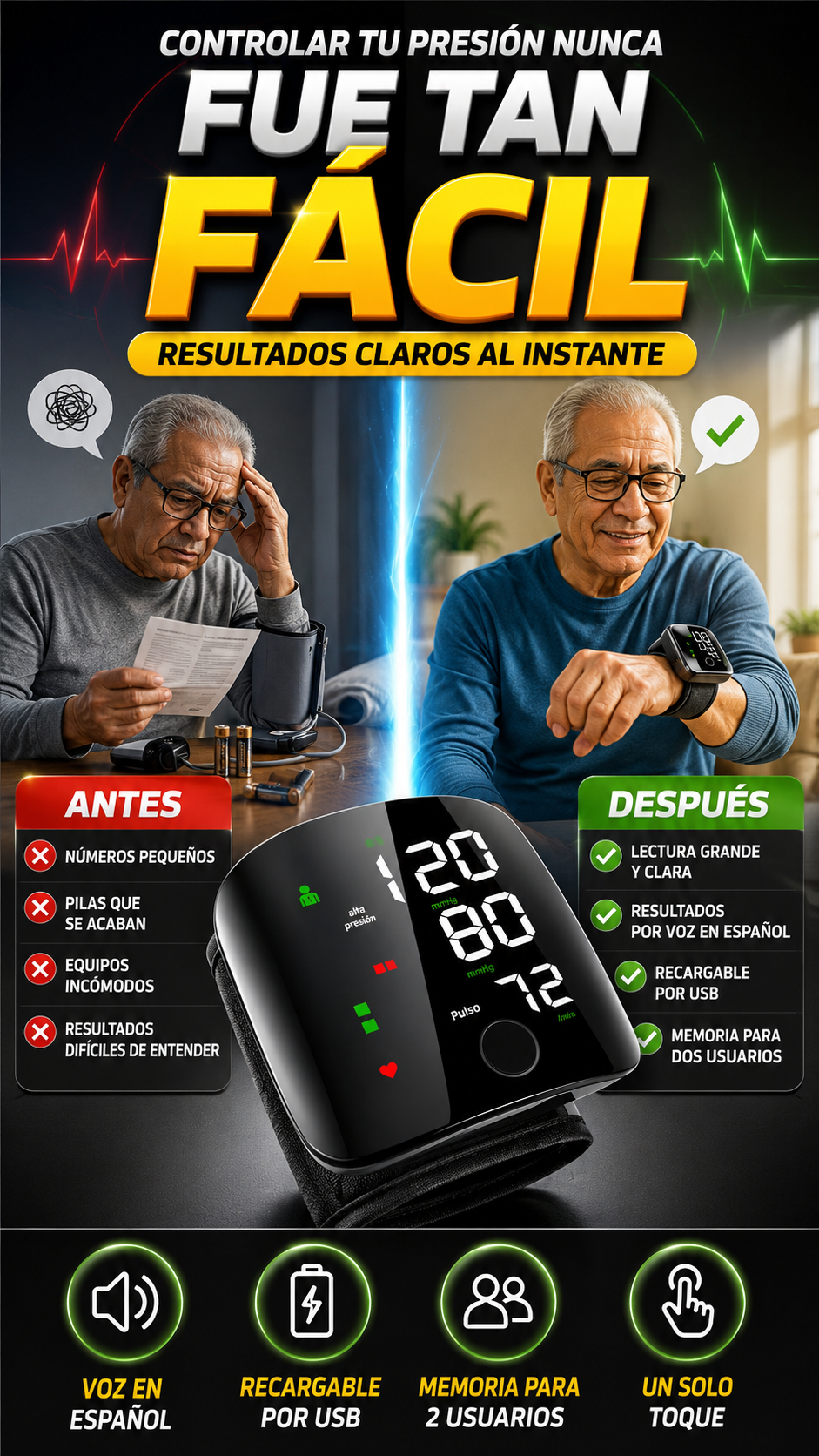 Tensiómetro Digital de Muñeca Recargable — Monitorea tu presión con facilidad