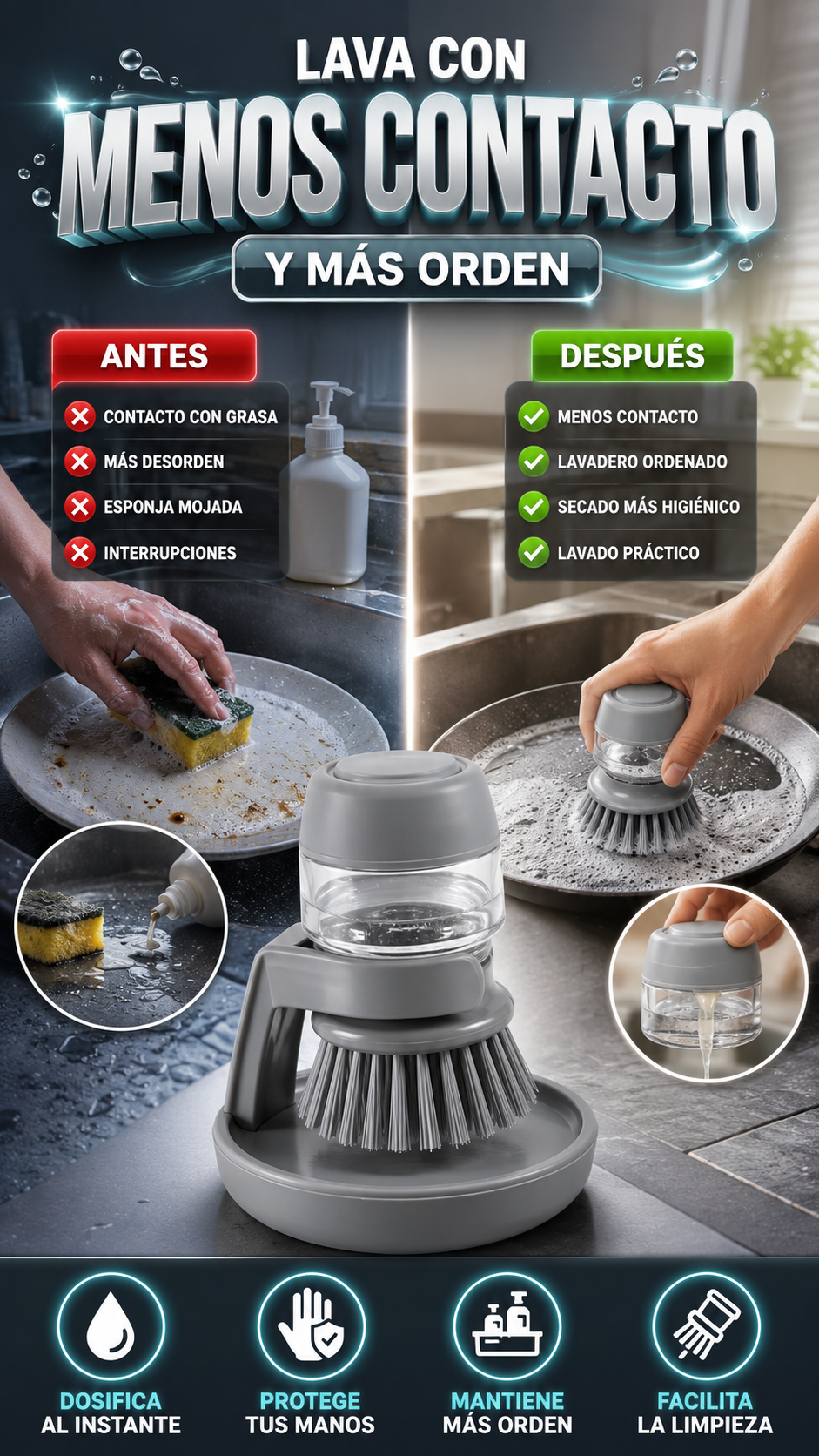 Cepillo Lavavajillas con Dispensador y Base Antigoteo — Limpia con menos contacto