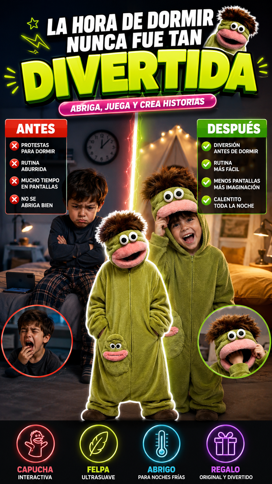 Pijama Enterizo Infantil de Monstruo Verde — Abriga mientras convierte la rutina en juego