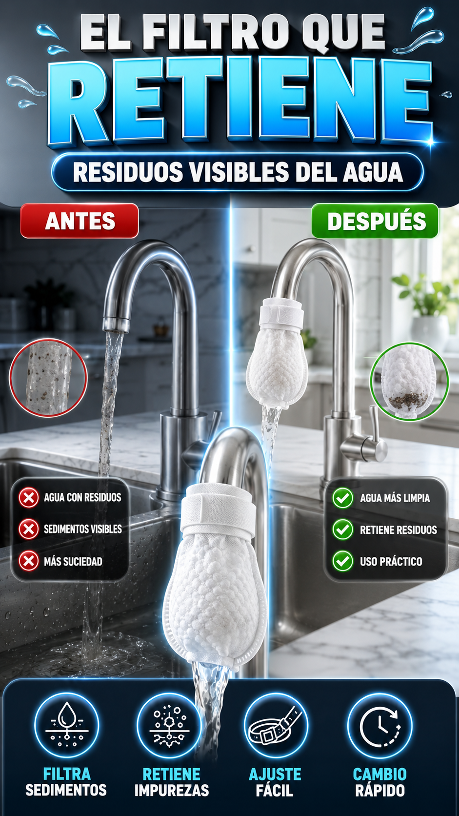 Bolsa Filtrante para Grifo — Retiene residuos visibles del agua