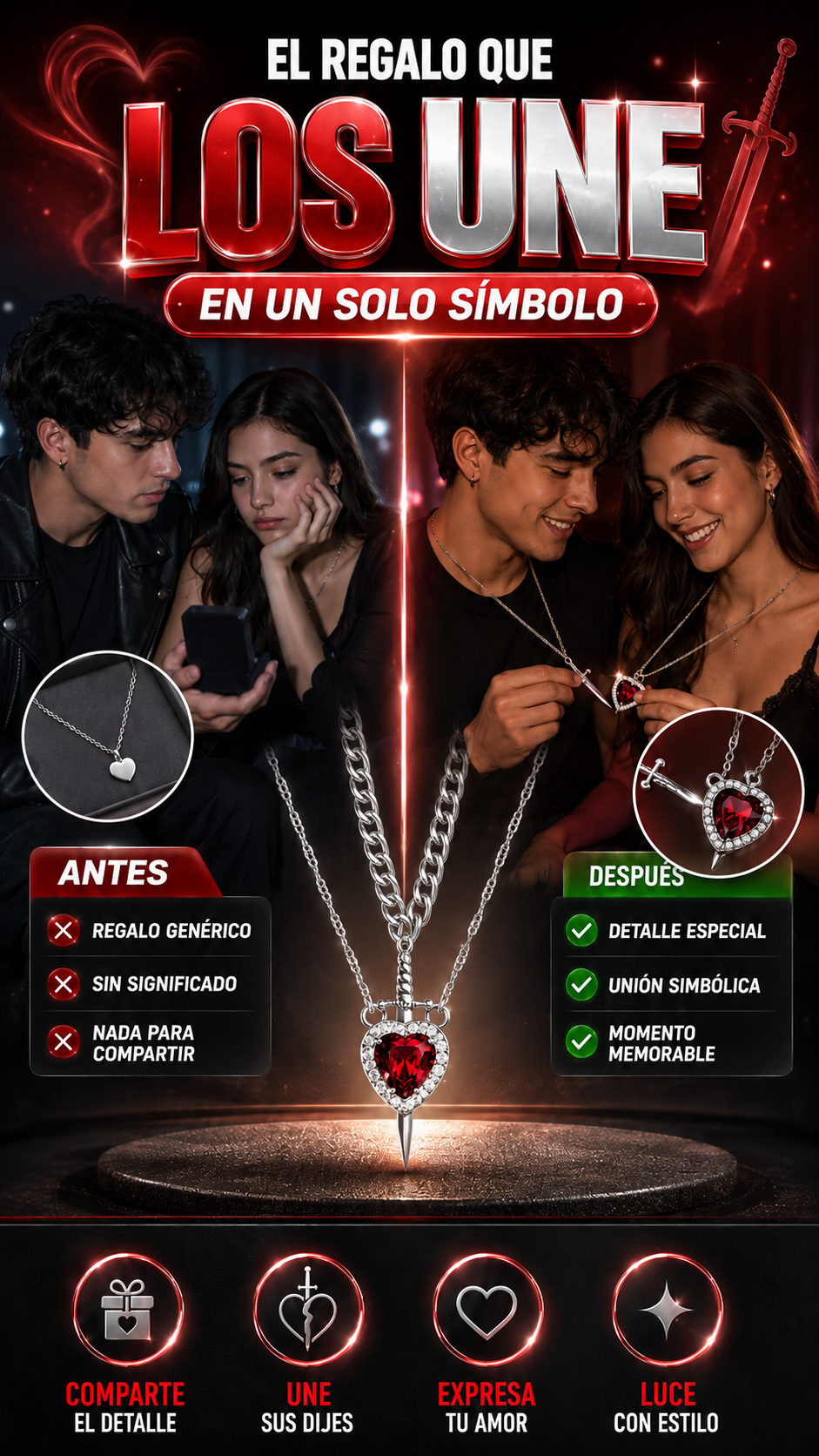 Collares Magnéticos de Corazón y Espada para Pareja — Comparte un símbolo de unión
