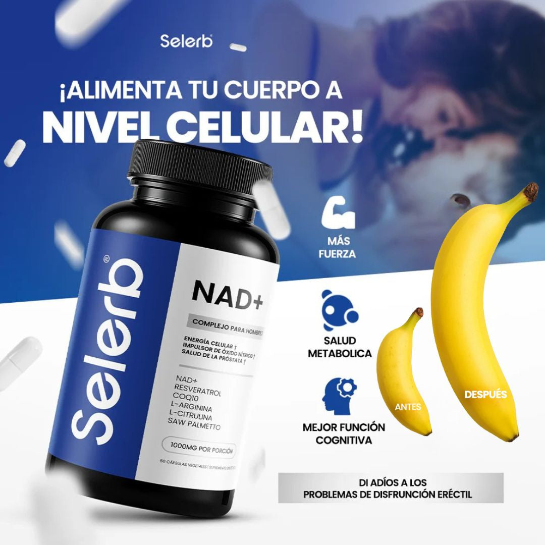 Selerb NAD+ 60 cápsulas | Recupera tu potencia y energía en la cama, en 2 semanas. Contiene: NAD+, RESVERATROL, COQ10, L-ARGININA, L-CITRULINA, SAW PALMETTO.
