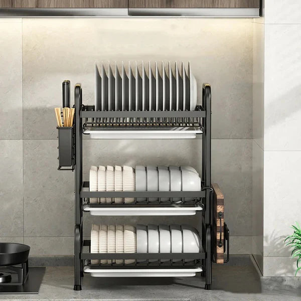 Escurridor de platos de cocina de 3 niveles, escurridor de platos con soporte para utensilios, escurridor de acero inoxidable 304 con estante para tabla de cortar, escurridor de platos para encimera