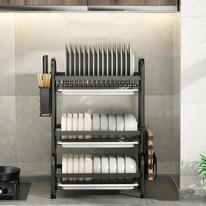 Escurridor de platos de cocina de 3 niveles, escurridor de platos con soporte para utensilios, escurridor de acero inoxidable 304 con estante para tabla de cortar, escurridor de platos para encimera