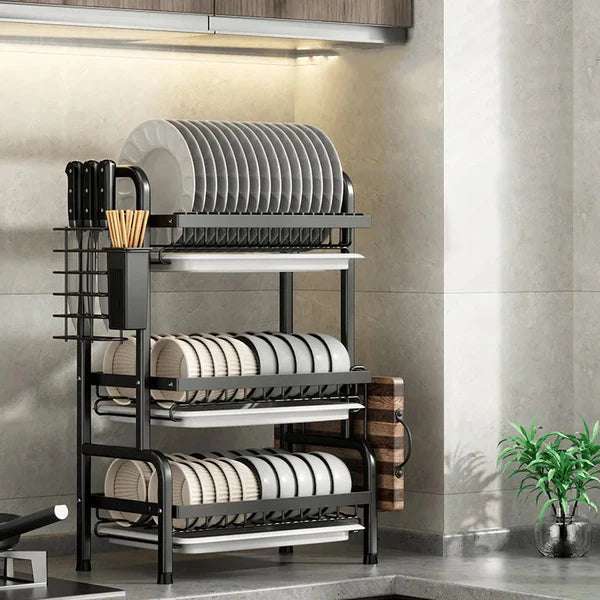 Escurridor de platos de cocina de 3 niveles, escurridor de platos con soporte para utensilios, escurridor de acero inoxidable 304 con estante para tabla de cortar, escurridor de platos para encimera