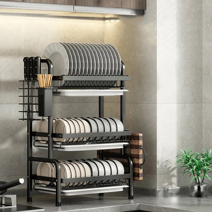 Escurridor de platos de cocina de 3 niveles, escurridor de platos con soporte para utensilios, escurridor de acero inoxidable 304 con estante para tabla de cortar, escurridor de platos para encimera