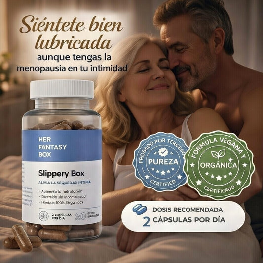 HER FANTASY BOX™ | Suplemento diseñado para apoyar la lubricación íntima femenina en la menopausia, contiene Olmo, Maca orgánica, Omega 3. .