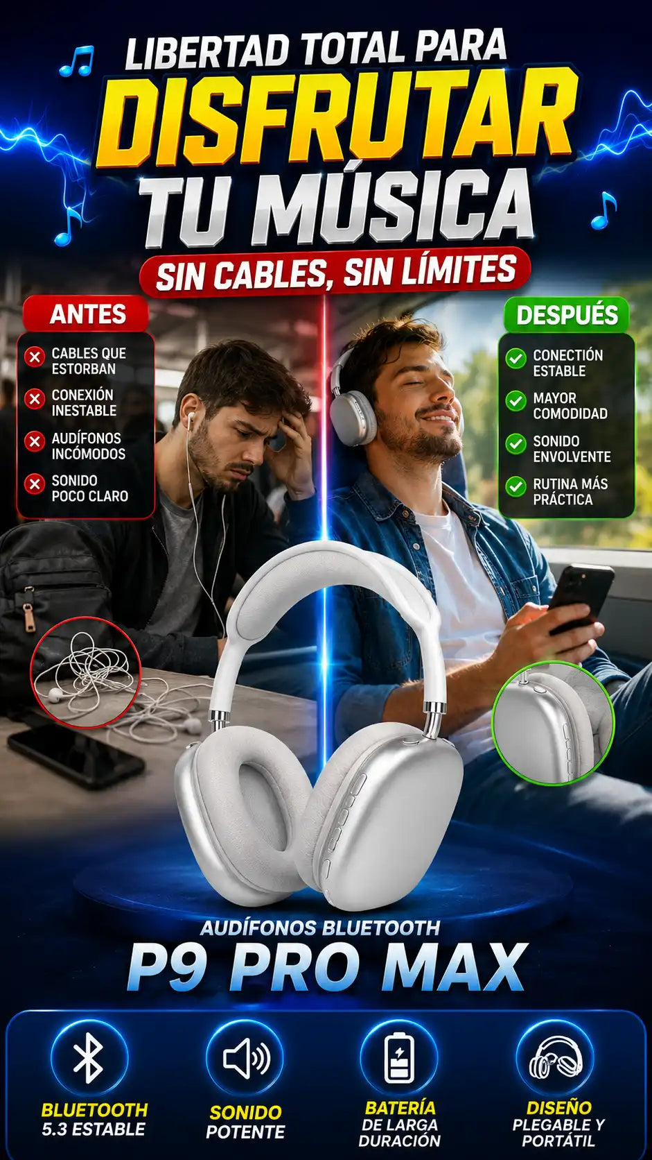 Audífonos Bluetooth P9 Pro Max — Disfruta tu música con libertad