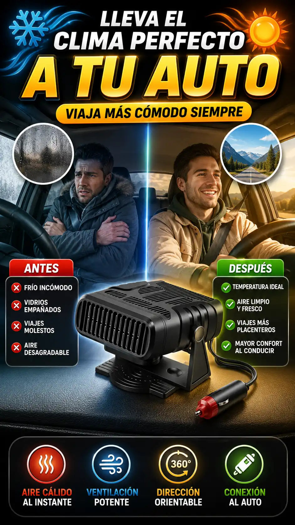 Calefactor y Ventilador Portátil para Auto — Más confort durante tus viajes