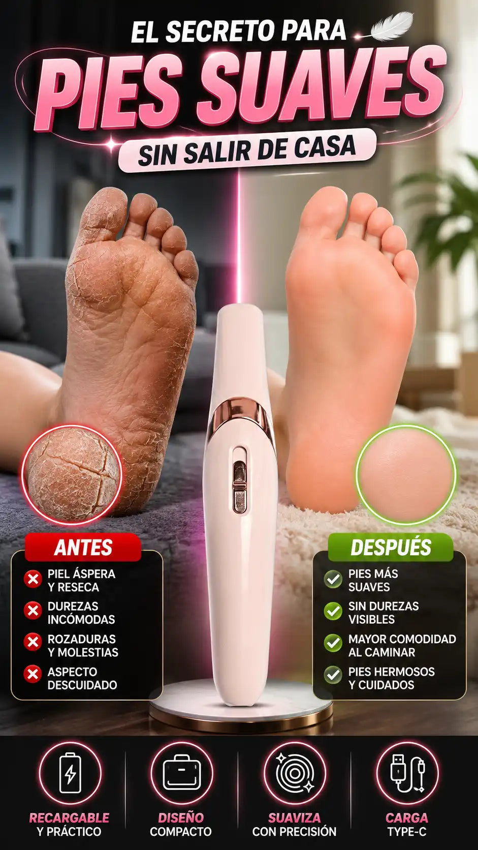 Removedor Eléctrico de Callos Recargable — Suaviza tus pies con facilidad