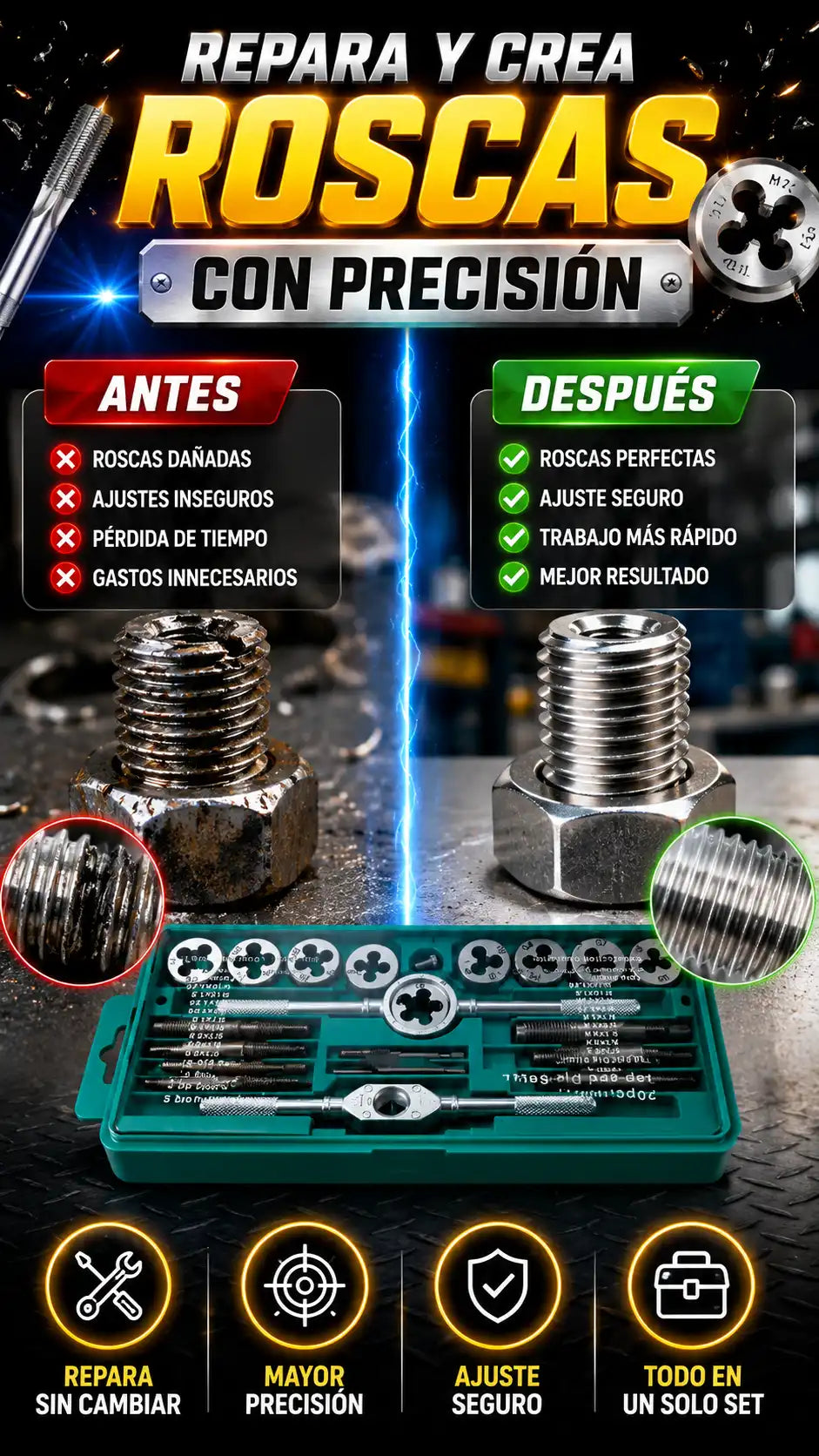 Juego Métrico de Machuelos y Tarrajas de 20 Piezas — Repara y crea roscas con precisión