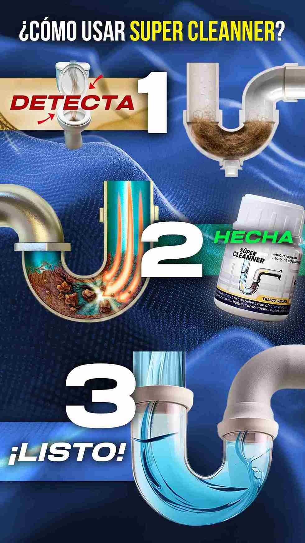 SUPER CLEANNER :🌀✨ Fórmula Poderosa que Disuelve Grasa, Cabello y Residuos al Instante